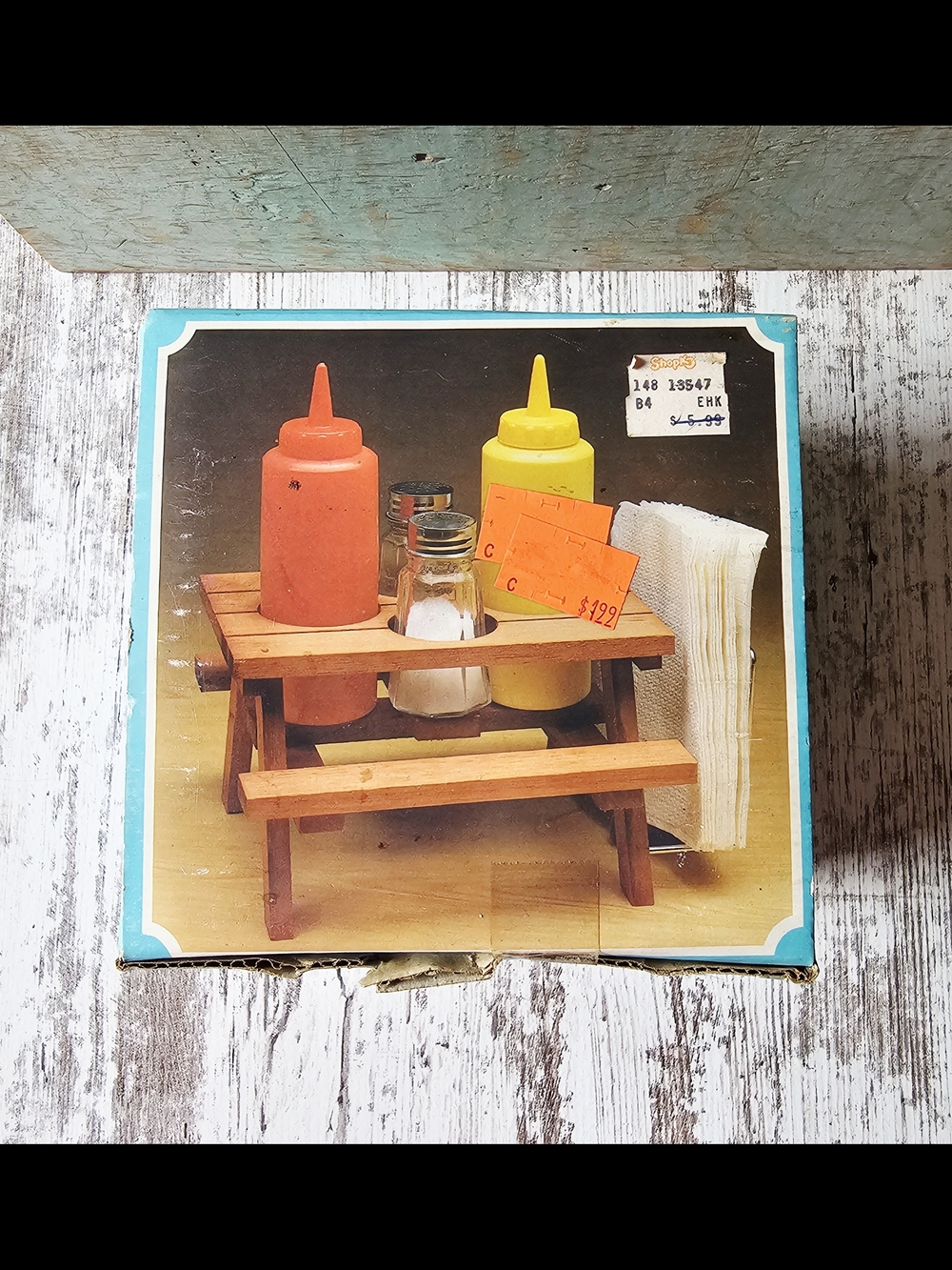 Vintage Redwood Picnic Table Condiment Set Salt Pepper Ketchup Mustard Napkin